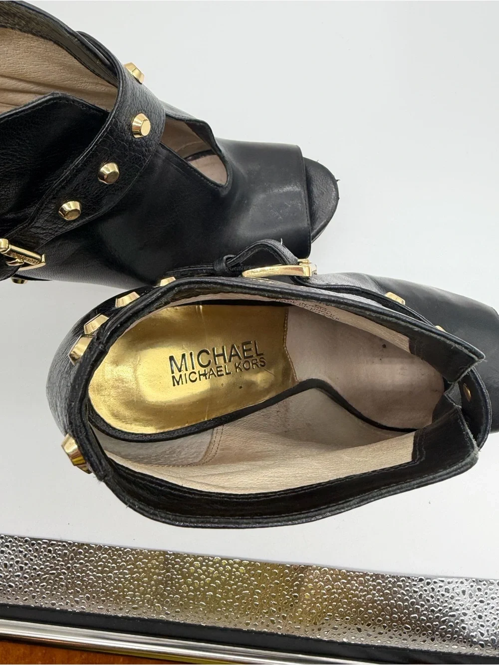 Michael Kors Black Peep-Toe Studded Platform Booties Sz 8